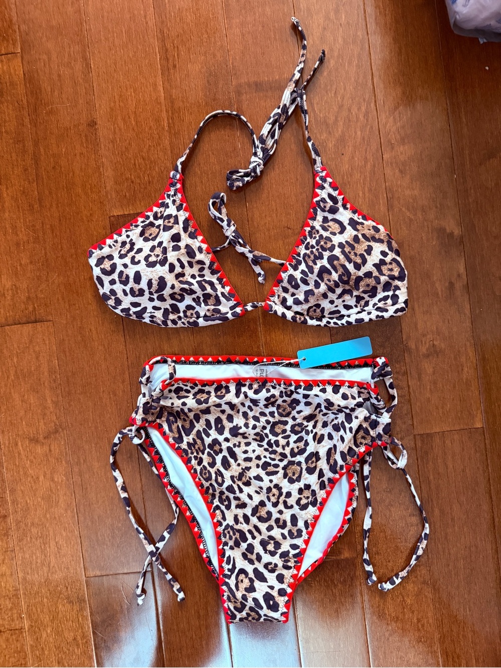 Leopard Print Triangle Bikini with Red Trim